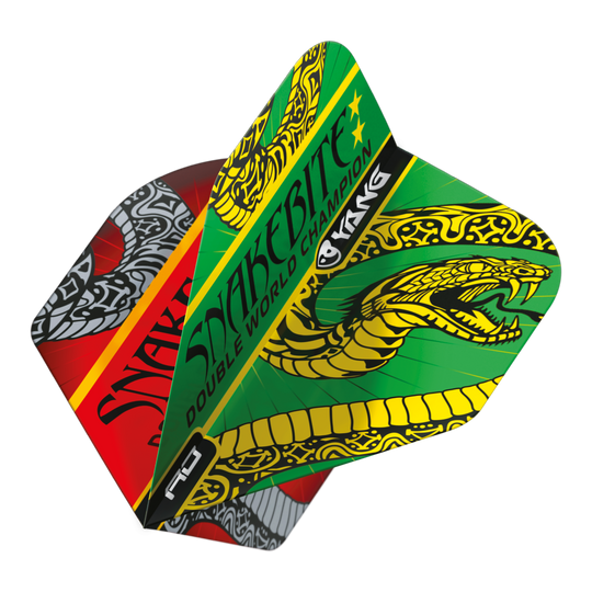 Voli standard Red Dragon Peter Wright Snakebite Red Green Yin Yang Das Bild zeigt die Dart-Flights "Red Dragon Peter Wright Snakebite Red Green Yin Yang Standard Flights." Die Flights sind farbenfroh gestaltet und zeigen einen auffälligen Schlangen-Grafik sowie den Schriftzug "Snakebite."