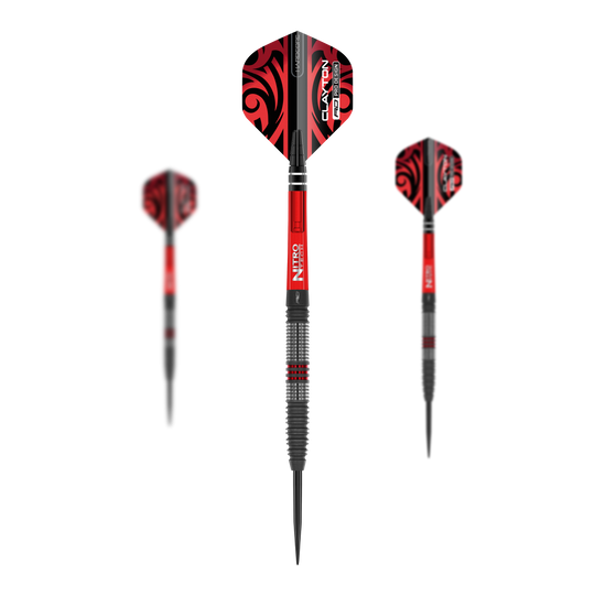 Freccette in acciaio Red Dragon Jonny Clayton Hiraeth Dieses Bild zeigt die Red Dragon Jonny Clayton Hiraeth Steeldarts. Die Darts haben ein auffälliges rotes und schwarzes Design mit strukturiertem Griff.