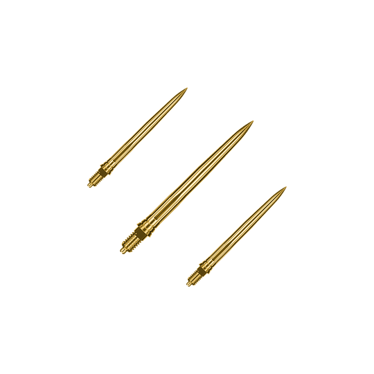 Dieses Bild zeigt ein Set goldener Dartspitzen mit glatter Oberfläche, vermutlich 28mm lang. Die Spitzen sind von der Marke Caliburn EZ-EVO.