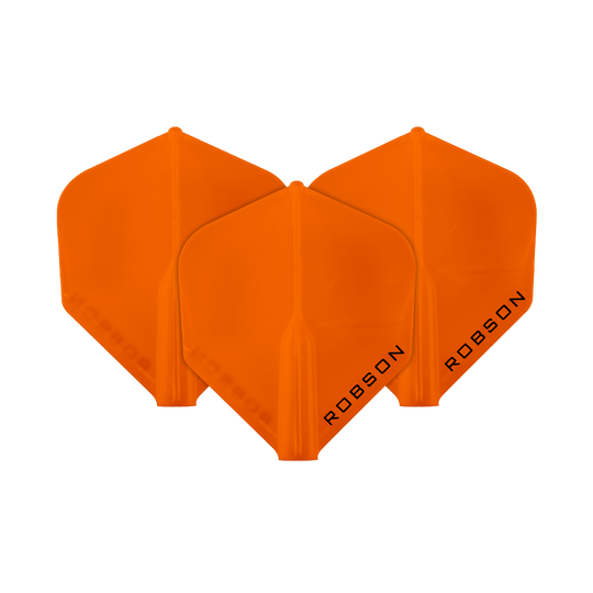 Voli Robson Plus - Standard Das Bild zeigt drei orangefarbene Dartflights. Auf jedem Flight steht das Wort "ROBSON" geschrieben.