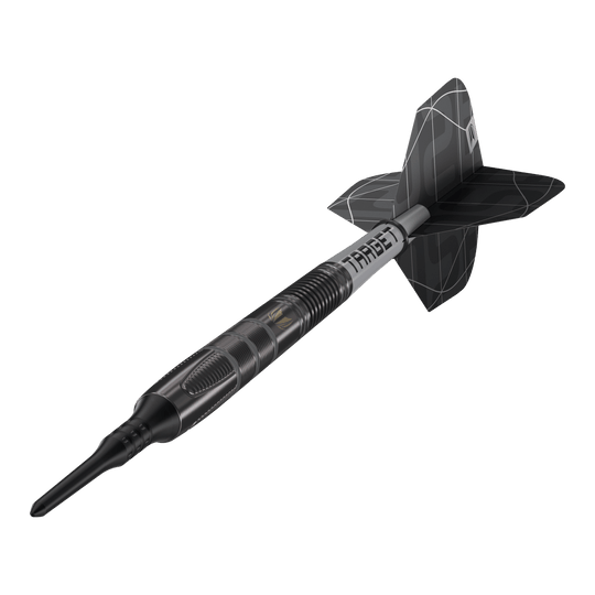 Freccette morbide Target Nathan Aspinall X Echo - 18 g Das Bild zeigt den Softdart „Target Nathan Aspinall X Echo“ mit einem Gewicht von 18 Gramm. Der Dartpfeil ist schwarz und hat ein modernes, geriffeltes Design mit der Aufschrift "TARGET" auf dem Schaft.
