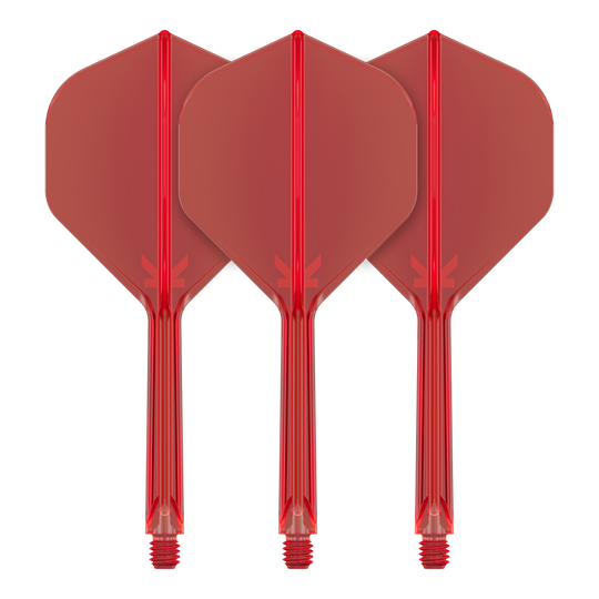 Target K-Flex No2 Standard Flight System - Rosso Auf dem Bild sind drei rote Dartflights mit Schäften zu sehen. Sie sind nebeneinander ausgerichtet und haben eine standardmäßige Pfeilform.