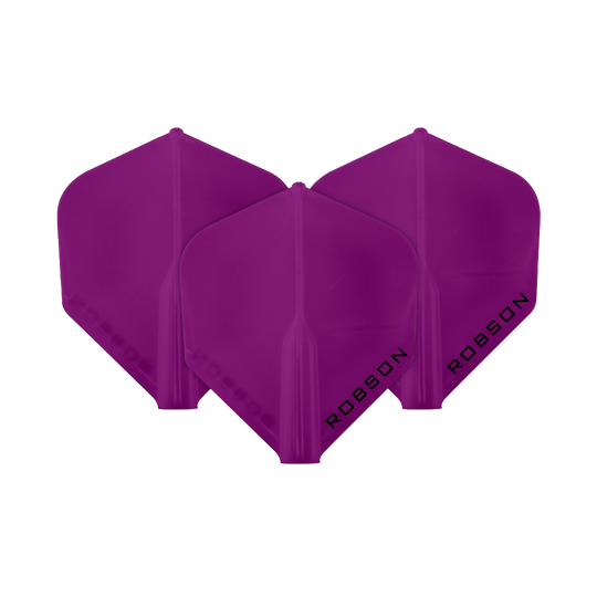 Voli Robson Plus - Standard Das Bild zeigt drei violette Dartflights der Marke Robson. Auf jedem Flight steht das Wort "ROBSON" in schwarzer Schrift.