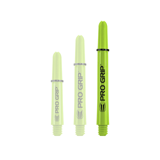 Auf dem Bild sind drei limegrüne Pro Grip Shafts abgebildet. Sie stehen nebeneinander in unterschiedlichen Längen.