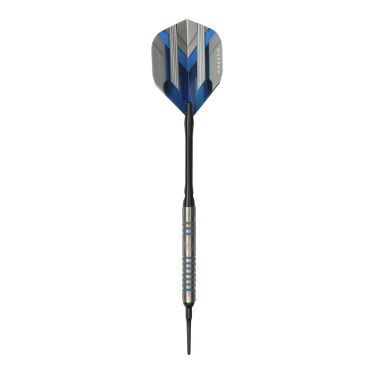 Freccette morbide McDart 85 Tungsten V1 - 17 g Dies ist ein McDart 85er Tungsten V1 Softdart mit einem Gewicht von 17g. Der Dart hat blaue und silberne Akzente und eine schwarze Spitze.
