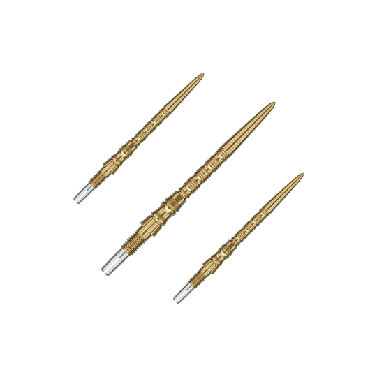 Punte per freccette Target Signature Swiss Point TRB in acciaio - oro Ein Set von Target SwissPoint Signature TRB Dartspitzen in Gold mit 30mm Länge ist zu sehen. Die Dartspitzen sind ordentlich angeordnet.