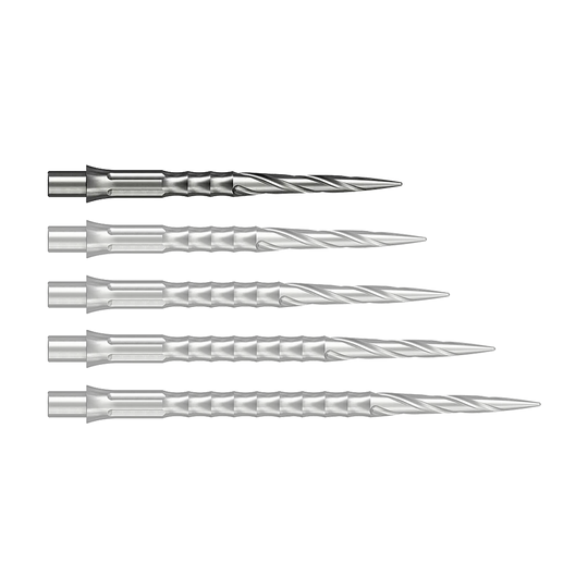 Punte per freccette in acciaio Caliburn System - Spiro - NoLip - argento Das Bild zeigt wahrscheinlich eine 28 mm lange Steeldartspitze aus Silber. Die Spitze ist Teil des Caliburn Evo Systems und trägt die Bezeichnung Spiro NoLip.