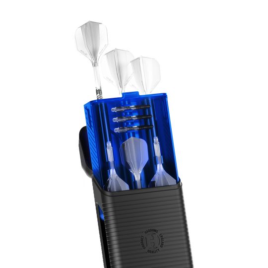 Custodia per freccette Harrows Vault Eine blaue Darttasche namens Harrows Vault ist abgebildet. Die Tasche ist geschlossen und wird von oben gezeigt.