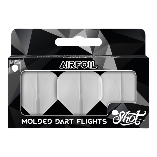 Alette standard n. 2 stampate con profilo alare Shot Auf dem Bild ist eine Packung mit geformten Dart-Flights der Marke Shot zu sehen. Die Flights sind durchsichtig und in einer schwarzen Verpackung mit der Aufschrift "Airfoil" präsentiert.