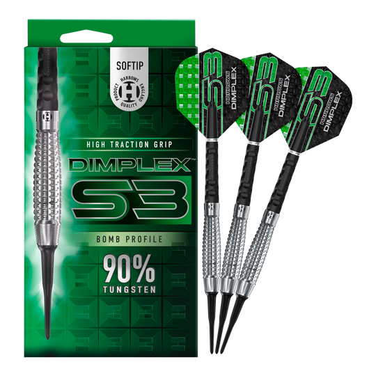 Freccette morbide Harrows Dimplex S3 Bomb Auf dem Bild sind die Harrows Dimplex S3 Bomb Softdarts und ihre Verpackung zu sehen. Die Darts haben einen hohen Grip und bestehen zu 90% aus Tungsten.