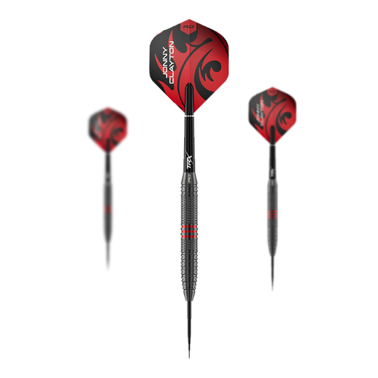Freccette in acciaio Red Dragon Jonny Clayton Core Brass - 21 g Das Bild zeigt ein Set der Red Dragon Jonny Clayton Core Brass Steeldarts mit 21g Gewicht. Es sind drei Darts mit goldener Griffzone und roten Flights dargestellt.