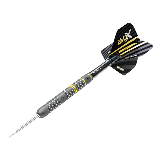 Freccette in acciaio Winmau Michael Van Gerwen Evo-X Das Bild zeigt einen Winmau Michael Van Gerwen Evo-X Steeldart. Der Dart hat ein schwarzes und gelbes Design mit metallischer Spitze und strukturierter Griffzone.