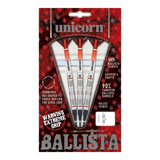 Unicorn Ballista Style 2 freccette morbide Das Bild zeigt eine Packung „Unicorn Ballista Style 2 Softdarts“. In der Packung befinden sich drei Softdarts mit silbernen und orangenen Details.