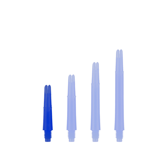 Alberi a L bloccati dritti - Blu Auf dem Bild sind vier blaue, gerade Dartschäfte in unterschiedlichen Längen zu sehen. Sie stehen nebeneinander auf weißem Hintergrund.