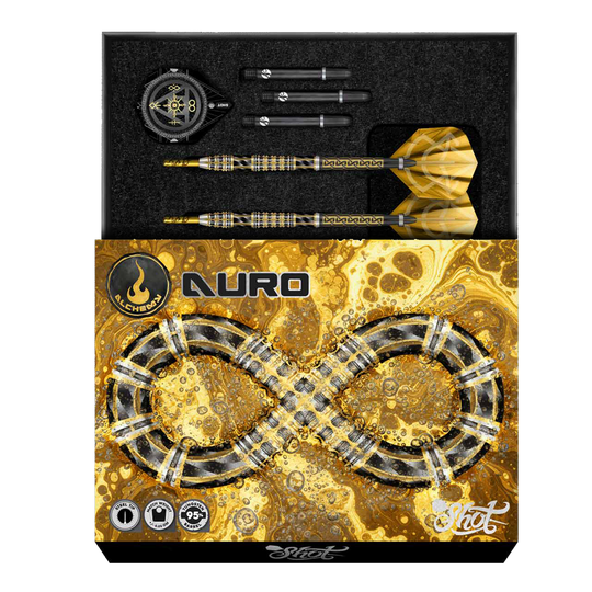 Freccette morbide Shot Alchemy Auro - 20 g Hier sieht man die Shot Alchemy Auro Softdarts mit 20g Gewicht. Es handelt sich um hochwertige Softdarts für präzises Spielen.
