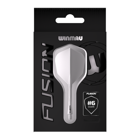 Sistema di alberi di volo a fusione Winmau n. 6 trasparente Das Bild zeigt die Verpackung des Produkts "Winmau Fusion Flight-Shaft-System No6 Clear". In der Mitte ist das transparente Flight-Shaft-System im #6-Shape deutlich zu sehen.