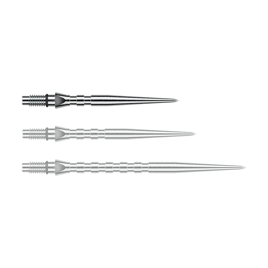 Punte per freccette in acciaio Winmau Switch Point Groove - Effetto argento Abgebildet ist eine einzelne silberne Steeldartspitze mit Rillen, vermutlich vom Typ 'Switch Point Groove Silver Effect' und 26mm. Diese Spitze eignet sich für Steeldarts.