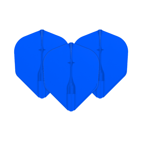 Voli L-L-Style3EZ Das Bild zeigt drei blaue Dartflights, die nebeneinander angeordnet sind. Sie haben eine klassische, leicht abgerundete Form.