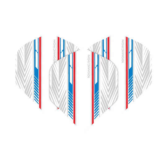 Voli Pentathlon bianchi/blu/rossi Das Bild zeigt die Pentathlon White Blue Red No2 Standard Flights. Sie haben ein weißes Design mit blauen und roten Streifen sowie grauen Mustern.