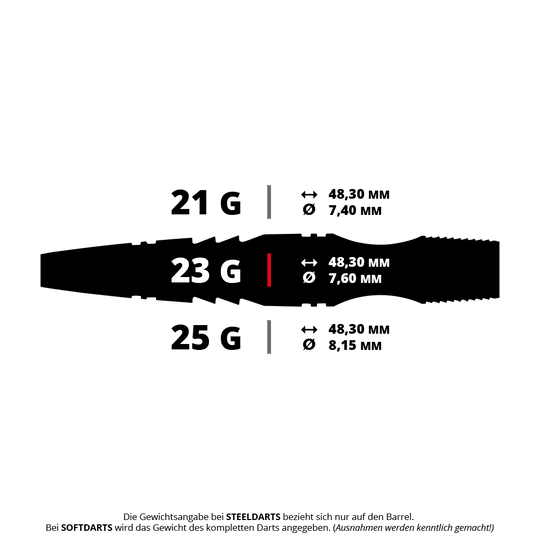 Das Bild zeigt drei verschiedene Steeldarts-Modelle mit den Gewichten 21 g, 23 g und 25 g. Dazu werden jeweils die Länge von 48,30 mm und die unterschiedlichen Durchmesser angezeigt.