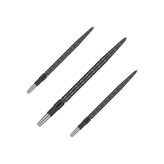 Punte per freccette Target Swiss Diamond Pro Black Points Das Bild zeigt drei schwarze Dartspitzen mit einem diamantförmigen Muster. Sie sind in unterschiedlichen Winkeln angeordnet und haben einen metallischen Befestigungsbereich.