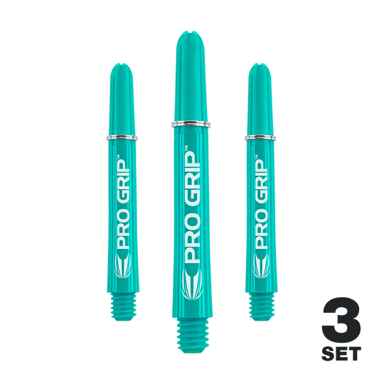 Target Pro Grip Shafts - 3 set - Aqua Das Bild zeigt drei türkisfarbene PRO GRIP Shafts für Dartpfeile. Unten rechts steht "3 SET" in schwarzer Schrift.