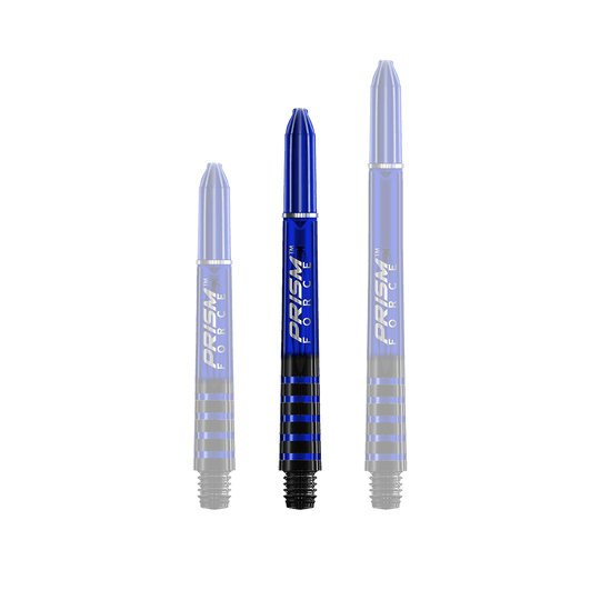 7020-403_Winmau_Prism_Force_Shafts_Blau_41mm_1HdxkOIzlYxdMW Das Bild zeigt drei blaue Winmau Prism Force Shafts in unterschiedlichen Längen. Die Shafts haben schwarze Ringe und die Aufschrift "Prism Force".