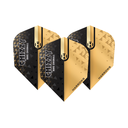Harrows Prime Dave Chisnall Chizzy 2 n. 6 voli Das Bild zeigt die Harrows Prime Dave Chisnall Chizzy 2 No6 Flights. Die Flights sind in Schwarz und Gold gestaltet und tragen die Aufschrift "CHIZZY DAVE CHISNALL" sowie "HARROWS".