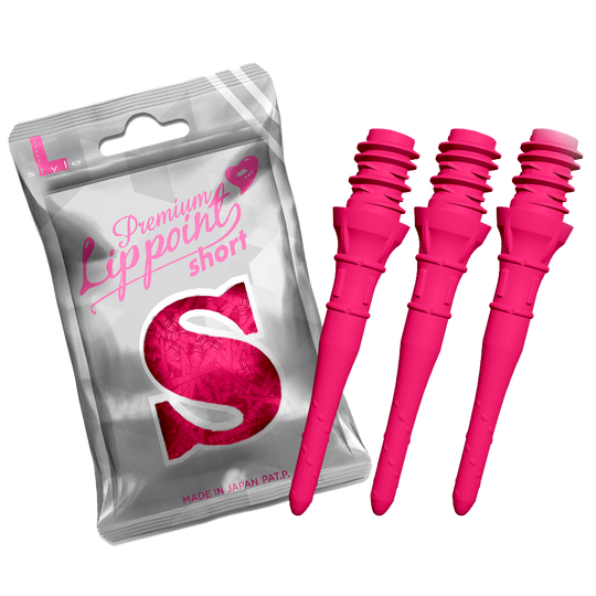 L-Style Premium Lippoints Short (30er Pack) Auf dem Bild ist eine silberne Verpackung mit der Aufschrift „Premium Lipppoint short“ zu sehen. Daneben sind drei kurze, neonpinke Dartspitzen abgebildet.