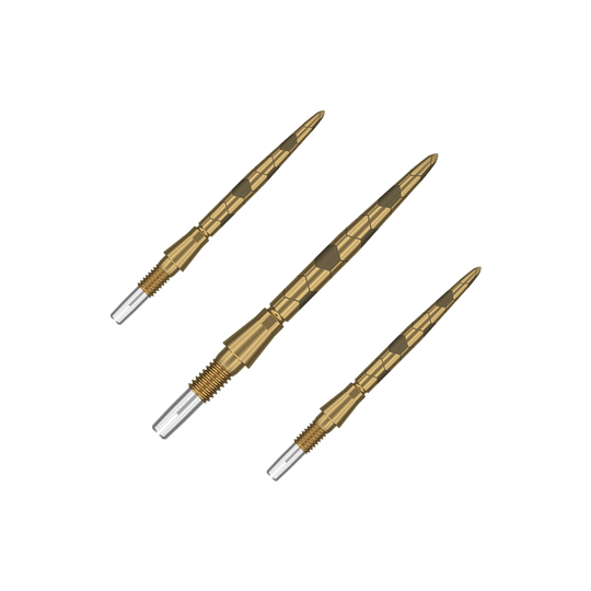 Punte per freccette Target Swiss Storm Onyx Point - Oro Auf dem Bild sind drei goldfarbene Dartspitzen mit einem strukturierten Muster zu sehen. Sie haben ein silbernes Schraubgewinde am Ende zum Befestigen an Dartpfeilen.