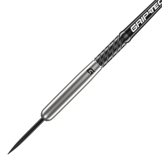 Freccette in acciaio al tungsteno per baseball GOAT Homerun Das Bild zeigt den GOAT Homerun Baseball Tungsten Steeldart. Der Dartpfeil hat ein schlankes, silbernes Design mit schwarzem Griffbereich und der Aufschrift "GRIPTEC".