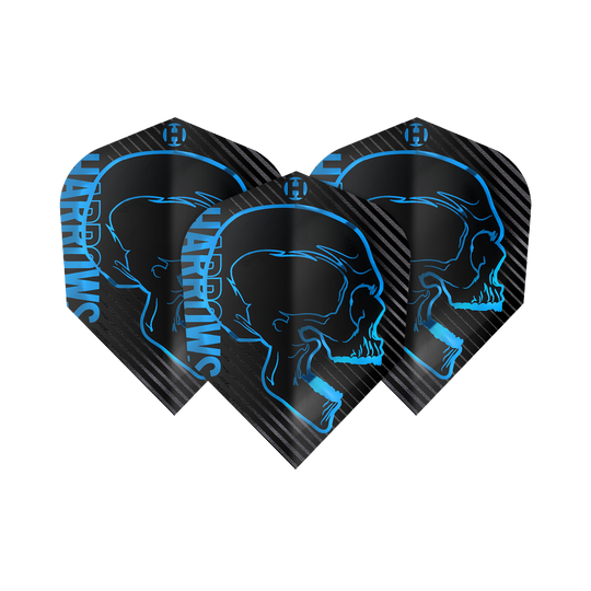 Harrows Rage Aqua n. 6 voli Das Bild zeigt drei schwarze Dart-Flights mit einem blauen Totenkopf-Design und dem Schriftzug "Harrows". Die Flights gehören zum Produkt "Harrows Rage Aqua No6".