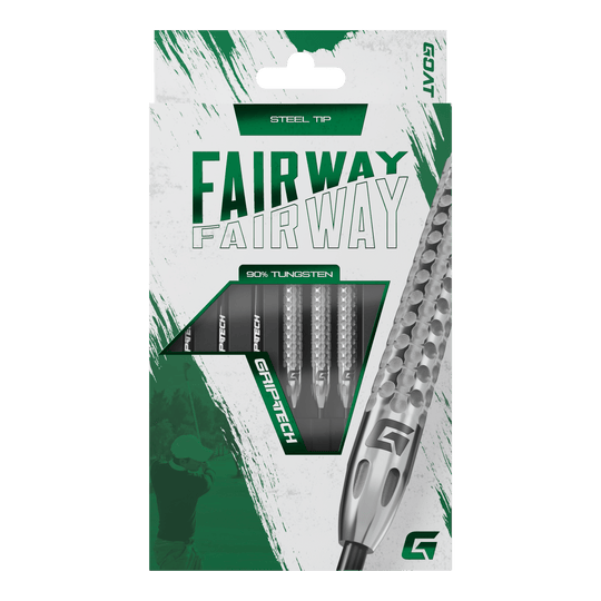 Freccette in acciaio al tungsteno GOAT Fairway V2 Die Abbildung zeigt die Verpackung der GOAT Fairway V2 Tungsten Steeldarts. Die Darts bestehen zu 90 % aus Tungsten und haben eine Stahspitze.