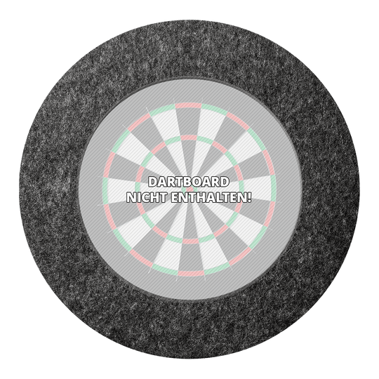 Das Bild zeigt das Produkt "Karella Ultimo Steeldartboard Surround" in grauer Farbe. In der Mitte steht der Hinweis "Dartboard nicht enthalten!"