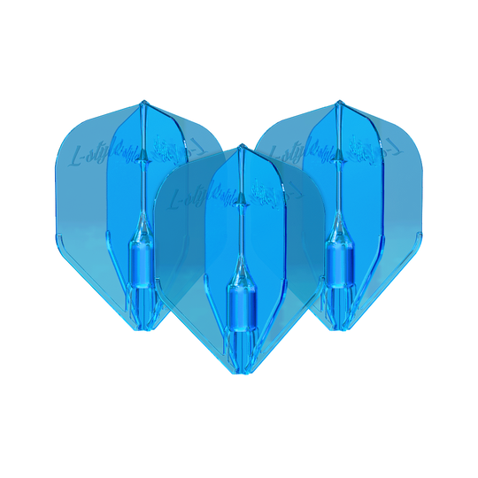 Alette Fantom L3EZ stile L blu Das Bild zeigt drei blaue L-Style Fantom L3EZ Flights für Dartpfeile. Sie sind nebeneinander angeordnet und haben eine glänzende Oberfläche.