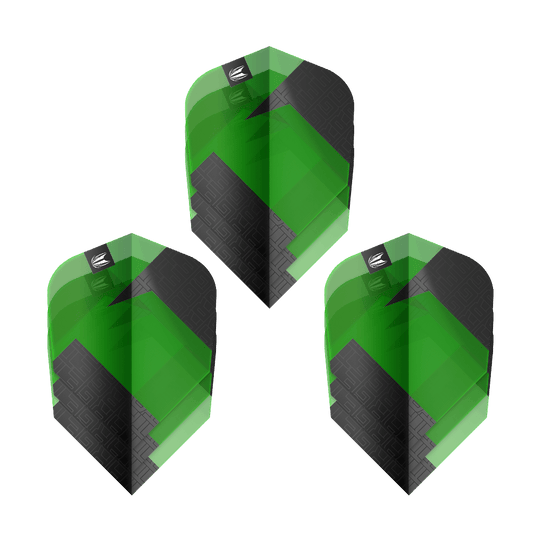 Target Pro Ultra TAG Green Ten-X Standard Flights - 3 set Das Bild zeigt drei grüne und schwarze Dart-Flights des Produkts "Target Pro Ultra TAG Grün Ten-X Standard". Die Flights haben ein auffälliges geometrisches Muster und das Target-Logo oben.