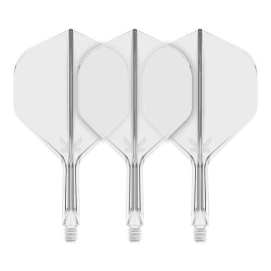 Target K-Flex No2 Standard Flight System - Trasparente Auf dem Bild sind drei transparente Dart-Flights mit Standardform zu sehen. Sie sind nebeneinander angeordnet und haben klare, glatte Kanten.