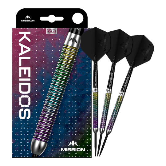 Missione Kaleidos Steeldarts Das Produkt Mission Kaleidos Steeldarts ist vollständig dargestellt. Die Abbildung ermöglicht einen Überblick über das komplette Dart-Set.