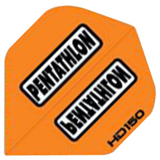 hd9 Das Bild zeigt ein orangefarbenes Dart-Flight mit der Aufschrift "PENTATHLON". In der Ecke steht "HD150" in schwarzer Schrift.