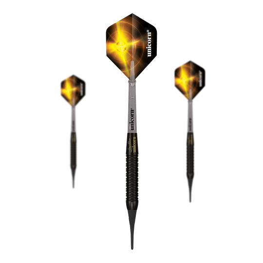 Unicorn World Champion Gary Anderson Freccette morbide in ottone nero - 19 g Das Bild zeigt drei Unicorn World Champion Gary Anderson Black Brass Softdarts mit einem Gewicht von 19 g. Die Pfeile haben schwarze Flights mit einem gelben, leuchtenden Design.