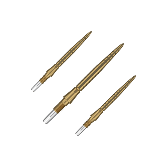 Punte per freccette Target Swiss Storm Quartz - Oro Auf dem Bild sind drei goldfarbene Dartspitzen zu sehen. Sie sind schlank, haben ein geriffeltes Design und haben vorne eine silberne Spitze.