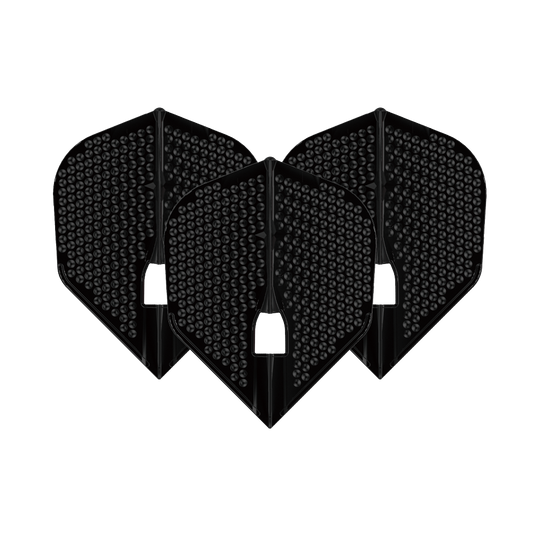 Alette stile L Dimple Champagne L3PRO Shape Das Bild zeigt drei schwarze L-Style Flights Dimple Champagne L3PRO Shape. Sie haben eine strukturierte Oberfläche mit kleinen runden Vertiefungen.
