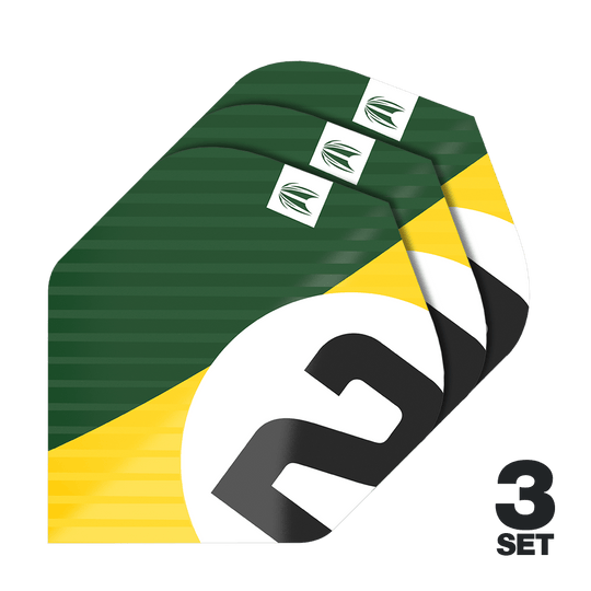 Target Pro Ultra Chicane Green No2 Standard Flights - 3 set Das Bild zeigt drei Sets der Target Pro Ultra Chicane Green No2 Standard Flights. Die Flights sind grün mit gelben und weißen Akzenten sowie einer großen schwarzen „2“ bedruckt.
