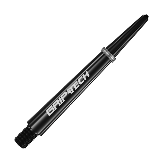 Alberi GOAT Griptech - Neri Auf dem Bild ist ein schwarzer Dart-Schaft mit der Aufschrift "GRIPTECH" zu sehen. Der Schaft ist schlank und hat silberne Ringe in der Nähe des oberen Endes.