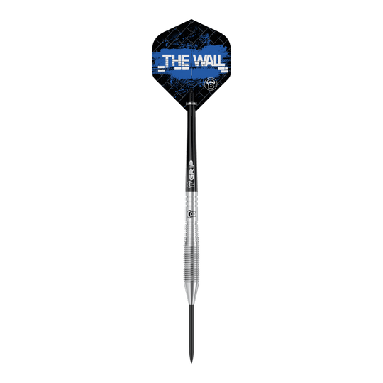 Freccette in acciaio Bulls Martin Schindler TW80 Das Bild zeigt einen Bull's Martin Schindler TW80 Steeldartpfeil. Auf dem Flight steht in weißer Schrift "THE WALL" vor einem blauen Hintergrund.
