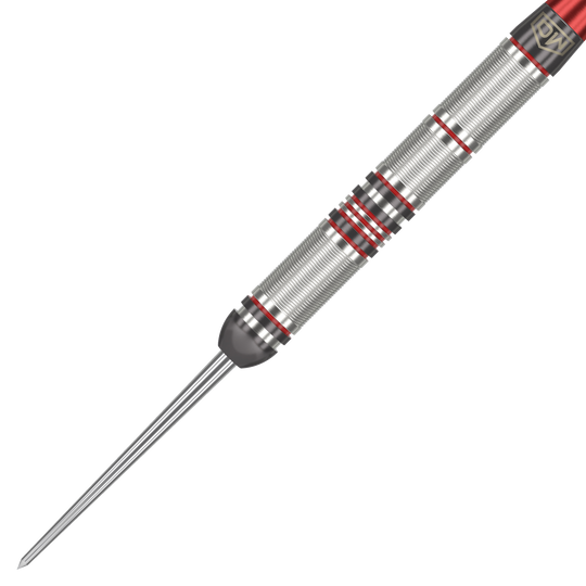 Freccette in acciaio DW Piranha Razor 01 Das Bild zeigt einen DW Piranha Razor 01 Steeldart. Der Dartpfeil ist silbern mit roten Akzenten und hat eine feine Griffstruktur.