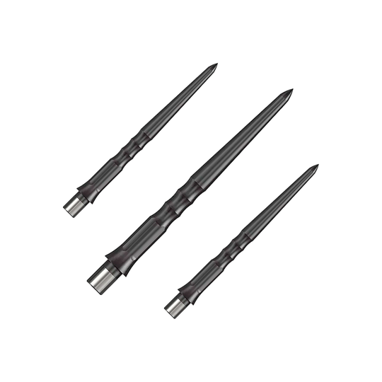 Punte per freccette in acciaio Caliburn System - Ripple - NoLip - Nere Auf dem Bild sind drei schwarze Stahlspitzen für Dartpfeile zu sehen. Sie haben ein geriffeltes Design und sind 28 mm lang.