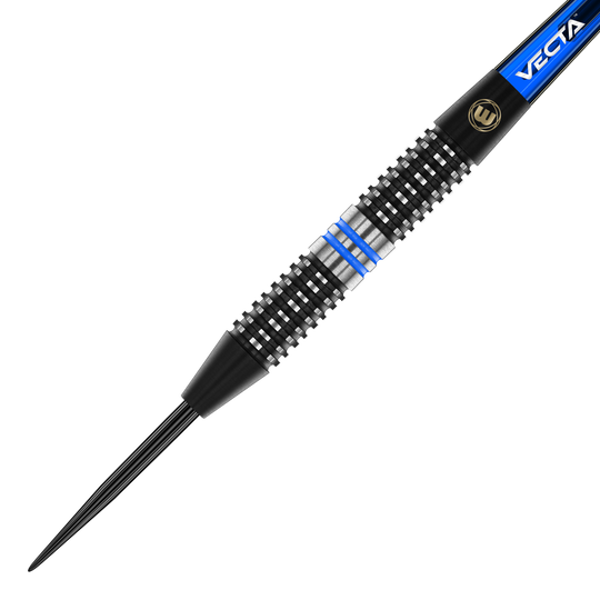 Dardi d'acciaio Winmau Galactics Das Bild zeigt einen Winmau Galactics Steeldart. Der Dart hat ein schwarzes und silbernes Griffstück mit blauen Ringen.
