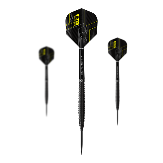 Freccette in acciaio coniche Harrows NX90 Black Edition Quick Point Abgebildet sind die Harrows NX90 Black Edition Tapered Quick Point Steeldarts als Set. Das Bild zeigt die Zusammenstellung der Darts.