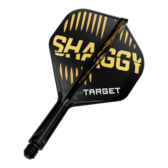 Sistema di alberi di volo standard Target K-Flex Scott Williams No2 Das Bild zeigt eine schwarze Dartflügel mit gelben und weißen Aufschriften. Auf dem Flügel stehen die Worte "SHAGGY" und "TARGET".